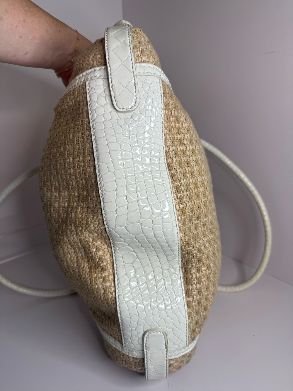 #361 Cole Haan Straw Fabric & Embossed Patent Leather Bag - Picture 6 of 15